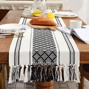 Wracra Boho Woven Table Runner 14 x 72 inches Black and White Rustic Table Runners Modern farmhouse style Vintage Rustic Table Runner with Tassels for Dresser Bridal Shower Home Dining Table Decor
