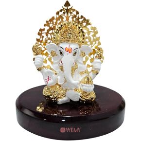 Gold Plated Lord Ganesha Idol with Kalpavriksh Tree for Car Dashboard | Ganesh Murti for Home Decor, Gifting & Pooja Room - Resin (White), 4x3