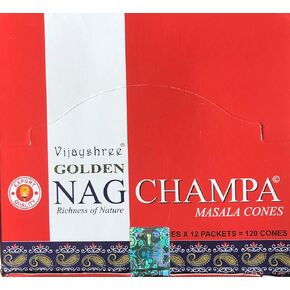 VIJAYSHREE Golden Nag Champa Masala Incense Cones - 10 Cones and Burner/Pack - Sold by Box 12 Packs