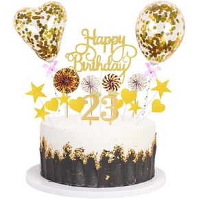 Daimay Gold Birthday Cake Topper Supplies Acrylic Glitter 60th Happy Birthday Cake Deco with Confetti Balloon Paper Fans Stars Firework Cupcake Toppers for Baby Shower Birthday Party - Gold 60