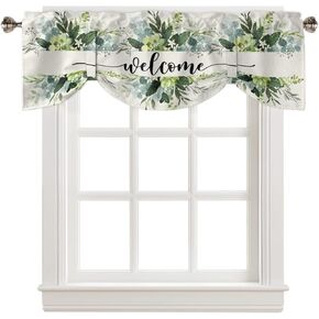 Welcome Eucalyptus Leaves Valances for Windows, Green Leaf Summer Spring Rustic Tie Up Valance Curtains Rod Pocket Light Filtering Short Window Valances for Kitchen Bathroom Bedroom, 42 x 12 Inch