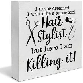 Farmhouse Hairstylist Wood Box Sign Art Desk Decor Hair Stylist Sayings Wood Block Sign Decor 5 x 5 Inch for Hair Salon Barbershop Tabletop Shelf Wall