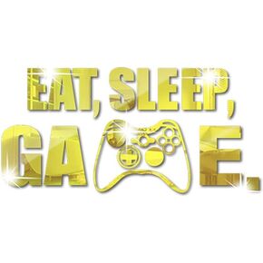 Eat Sleep Game Mirror Wall Decal, Acrylic Gaming Wall Sticker, Gamer Room Decor, Wall Art Quote Sign for Boys Girls Men Bedroom Playroom Studio Video Room (Silver)