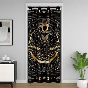 Castle Fairy Death Moth Door Curtain Sun Moon Exotic Tribal Doorway Curtain Grommet Top Black Gold Starry Galaxy Door Drape for Kitchen Living Room Bedroom W34 X L80 Inch