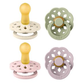 BIBS Boheme Soother 4-Pack | BPA Free Dummy Pacifier | Round Nipple | Natural Rubber Latex | Made in Denmark | Size 6-18 Months | Dusky Lilac Mix