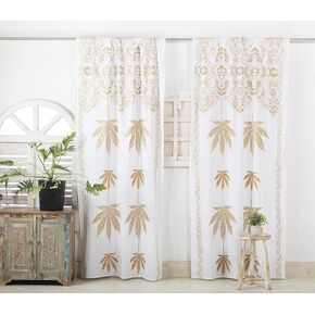 Popular Handicrafts Indian Hippie Bohemian Beautiful Gold Leaf Printed Window Door Drapery Curtain Bedroom Living Room Balcony Valance Panels sheer Curtain