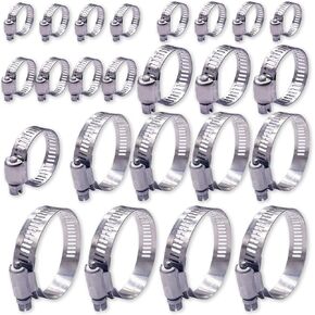 24PCS Hose Clamps Stainless Steel, Fuel Line Clamps Adjustable 1/4-2in(6-51mm) Heavy Duty Hose Clamps, 6 Size Worm Gear Hose Clamp Assortment Kit for Plumbing, Automotive, Mechanical Applications