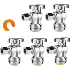 WiseWater Straight Stop Valve, 1/4" O.D Compression x 1/2" PEX Water Shut Off Valve with 5 Pcs Stainless Steel Clamps Rings, 1/4 Turn Chrome Plated Brass, PEX, CPVC, Copper Tube (Pack of 5)