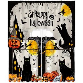 Frienda 3 Pcs Halloween Kitchen Curtains Window Curtains and Valances Set 36 Inch Black Cat Pumpkins Bat Castle Short Tier Curtain for Kitchen Bathroom Halloween Home Decorations