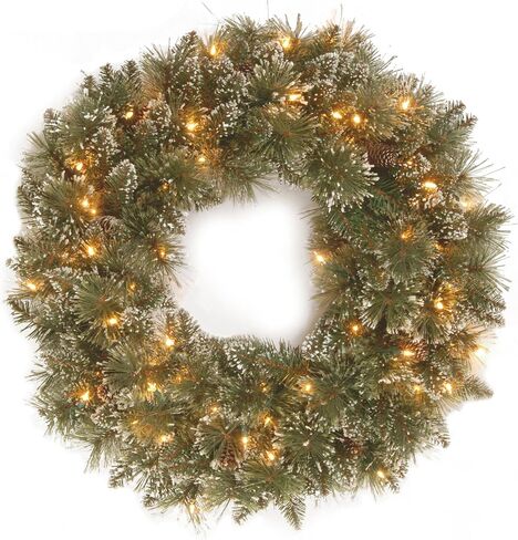 National Tree Company Pre-Lit Artificial Christmas Wreath, Green, Glittery Bristle Pine, White Lights, Decorated with Frosted Branches, Pine Cones, Christmas Collection, 30 Inches in Saudi Arabia