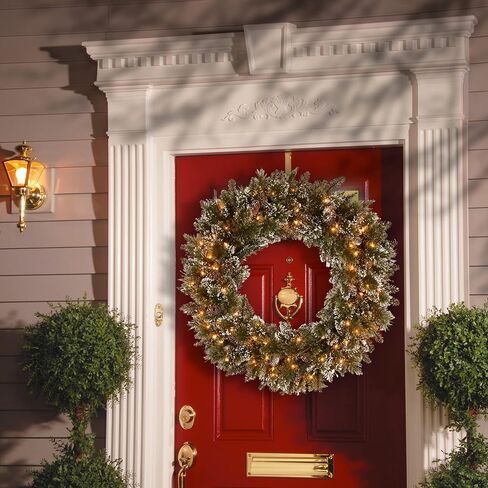 National Tree Company Pre-Lit Artificial Christmas Wreath, Green, Glittery Bristle Pine, White Lights, Decorated with Frosted Branches, Pine Cones, Christmas Collection, 30 Inches in Saudi Arabia