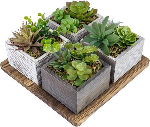 MyGift Artificial Succulent Arrangement Faux Plant Centerpiece with Decorative Rustic Wood Planter Boxes and Base Tray - 5 Piece Set in Saudi Arabia