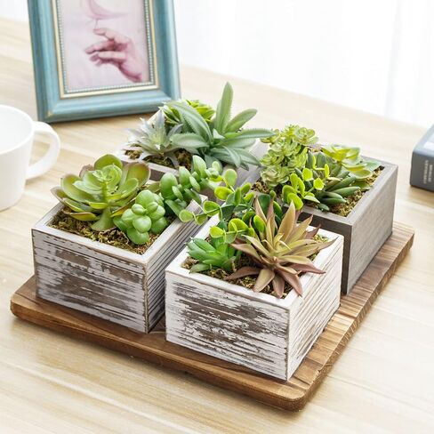 MyGift Artificial Succulent Arrangement Faux Plant Centerpiece with Decorative Rustic Wood Planter Boxes and Base Tray - 5 Piece Set in Saudi Arabia
