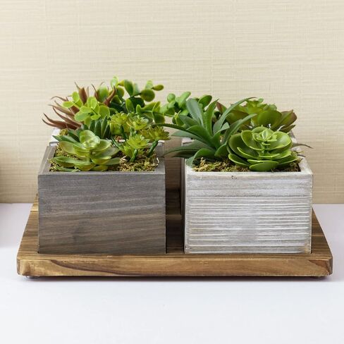 MyGift Artificial Succulent Arrangement Faux Plant Centerpiece with Decorative Rustic Wood Planter Boxes and Base Tray - 5 Piece Set in Saudi Arabia