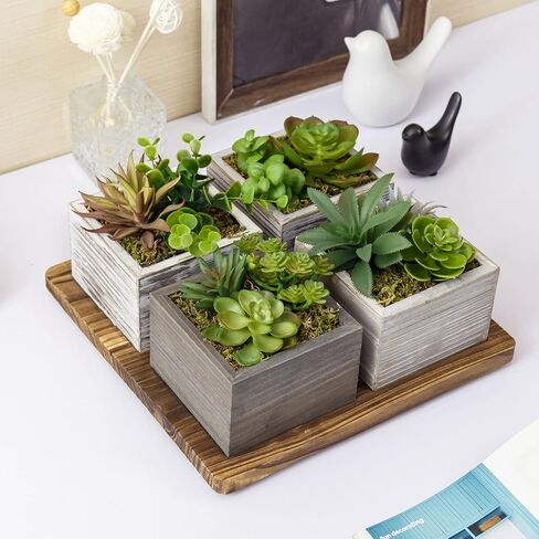 MyGift Artificial Succulent Arrangement Faux Plant Centerpiece with Decorative Rustic Wood Planter Boxes and Base Tray - 5 Piece Set in Saudi Arabia