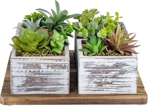 MyGift Artificial Succulent Arrangement Faux Plant Centerpiece with Decorative Rustic Wood Planter Boxes and Base Tray - 5 Piece Set in Saudi Arabia