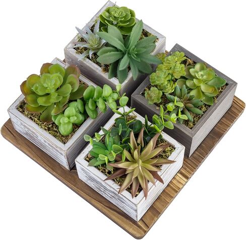 MyGift Artificial Succulent Arrangement Faux Plant Centerpiece with Decorative Rustic Wood Planter Boxes and Base Tray - 5 Piece Set in Saudi Arabia