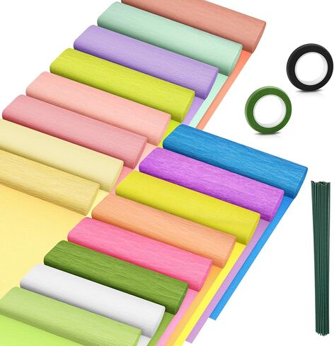 مجموعات Jyongmer Crepe Paper Flower DIY، 16 لفة من ورق الكريب بألوان قوس قزح الزاهية مع 30 سلكًا حديديًا من الزهور الخضراء و2 لفات من أشرطة الزهور الخضراء لأعياد الميلاد والزفاف والمهرجانات والحرف اليدوية للزهور in Kuwait