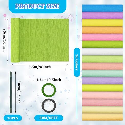 مجموعات Jyongmer Crepe Paper Flower DIY، 16 لفة من ورق الكريب بألوان قوس قزح الزاهية مع 30 سلكًا حديديًا من الزهور الخضراء و2 لفات من أشرطة الزهور الخضراء لأعياد الميلاد والزفاف والمهرجانات والحرف اليدوية للزهور in Kuwait