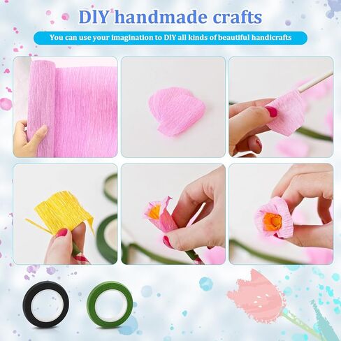 مجموعات Jyongmer Crepe Paper Flower DIY، 16 لفة من ورق الكريب بألوان قوس قزح الزاهية مع 30 سلكًا حديديًا من الزهور الخضراء و2 لفات من أشرطة الزهور الخضراء لأعياد الميلاد والزفاف والمهرجانات والحرف اليدوية للزهور in Kuwait