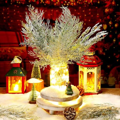 Panelee 45 Pcs Christmas Artificial Faux Cedar Branches, Artificial Sprigs Faux Pine Leaves, Red Pine Stems Picks for Xmas Garland Wreath DIY Crafts, Christmas Embellishing Home(Frosted) in Saudi Arabia