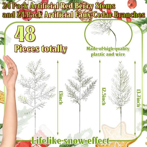 Panelee 45 Pcs Christmas Artificial Faux Cedar Branches, Artificial Sprigs Faux Pine Leaves, Red Pine Stems Picks for Xmas Garland Wreath DIY Crafts, Christmas Embellishing Home(Frosted) in Saudi Arabia