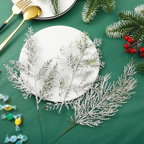 Panelee 45 Pcs Christmas Artificial Faux Cedar Branches, Artificial Sprigs Faux Pine Leaves, Red Pine Stems Picks for Xmas Garland Wreath DIY Crafts, Christmas Embellishing Home(Frosted) in Saudi Arabia