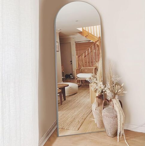 NeuType Arched Mirror 59"x20" Wall Mirror Full Body Mirror Arched Standing Mirror Silver Mirror Wood Framed Wall-Mounted Mirror Floor Length Mirror Hanging Mirror Full Length Mirror with Stand in Saudi Arabia