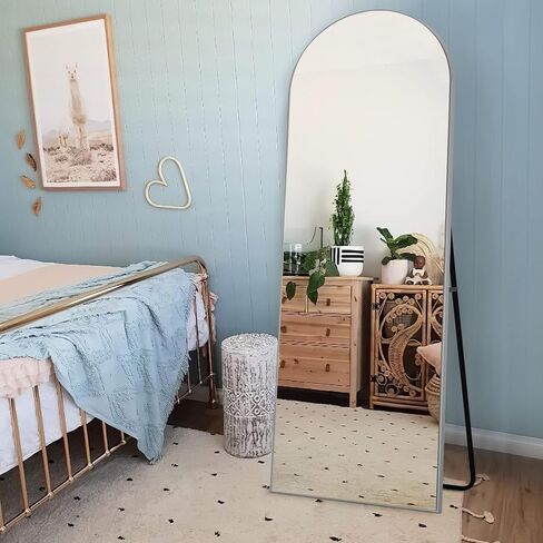 NeuType Arched Mirror 59"x20" Wall Mirror Full Body Mirror Arched Standing Mirror Silver Mirror Wood Framed Wall-Mounted Mirror Floor Length Mirror Hanging Mirror Full Length Mirror with Stand in Saudi Arabia