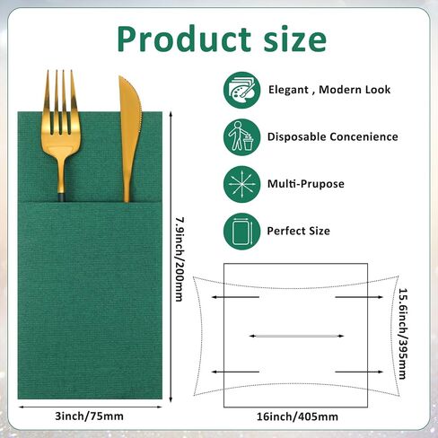 75 Pieces Paper Linen Napkins, Disposable Airlaid Paper Napkins Prefolded Dinner Napkins with Built in Flatware Pocket for Silverware Valentine Wedding Party Christmas Day (Sage Green) in Saudi Arabia