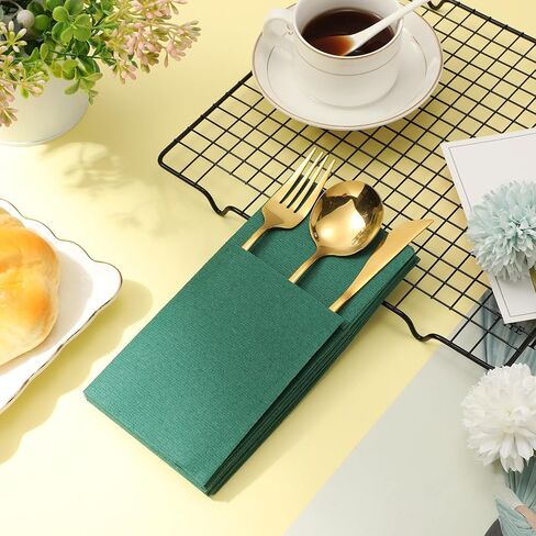 75 Pieces Paper Linen Napkins, Disposable Airlaid Paper Napkins Prefolded Dinner Napkins with Built in Flatware Pocket for Silverware Valentine Wedding Party Christmas Day (Sage Green) in Saudi Arabia