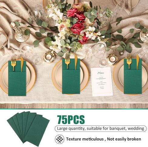 75 Pieces Paper Linen Napkins, Disposable Airlaid Paper Napkins Prefolded Dinner Napkins with Built in Flatware Pocket for Silverware Valentine Wedding Party Christmas Day (Sage Green) in Saudi Arabia