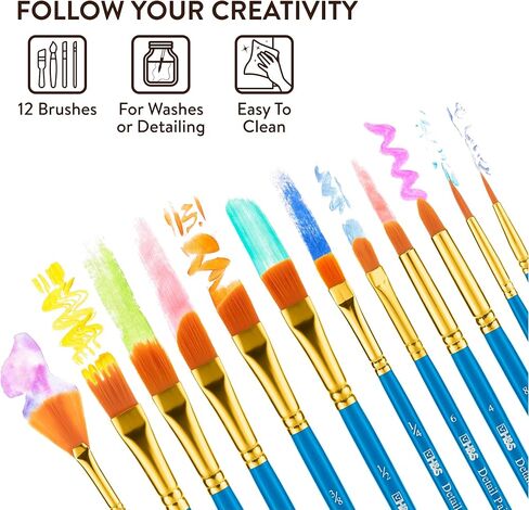 H&S Paint Brush Set for Oil Watercolor & Acrylic Painting - 12pcs - Professional Flat and Round Tip Artist Brushes - w/ Synthetic Hair in Kuwait