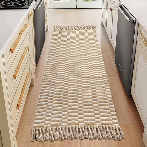 Hallway Runner Rug, 2' x 5' Soft Washable Tan Boho Carpet Runner Kitchen Indoor Hand-Woven Natural Cotton Striped Rug for Bedroom Bathroom Entryway Front Door Farmhouse Laundry Room in Saudi Arabia
