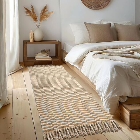 Hallway Runner Rug, 2' x 5' Soft Washable Tan Boho Carpet Runner Kitchen Indoor Hand-Woven Natural Cotton Striped Rug for Bedroom Bathroom Entryway Front Door Farmhouse Laundry Room in Saudi Arabia