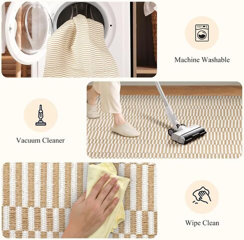 Hallway Runner Rug, 2' x 5' Soft Washable Tan Boho Carpet Runner Kitchen Indoor Hand-Woven Natural Cotton Striped Rug for Bedroom Bathroom Entryway Front Door Farmhouse Laundry Room in Saudi Arabia