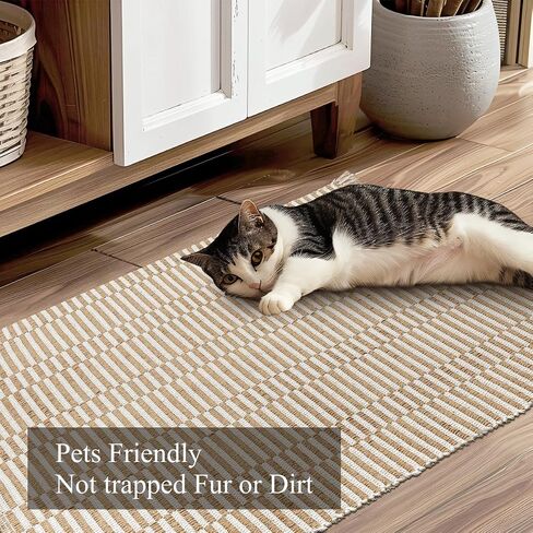 Hallway Runner Rug, 2' x 5' Soft Washable Tan Boho Carpet Runner Kitchen Indoor Hand-Woven Natural Cotton Striped Rug for Bedroom Bathroom Entryway Front Door Farmhouse Laundry Room in Saudi Arabia