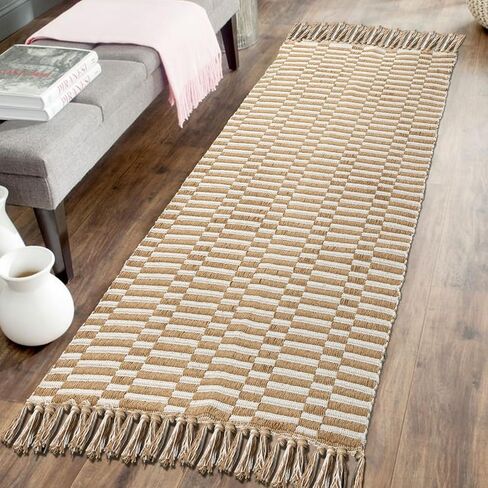 Hallway Runner Rug, 2' x 5' Soft Washable Tan Boho Carpet Runner Kitchen Indoor Hand-Woven Natural Cotton Striped Rug for Bedroom Bathroom Entryway Front Door Farmhouse Laundry Room in Saudi Arabia