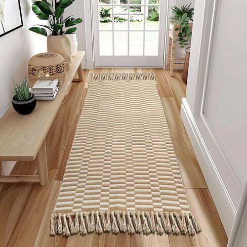 Hallway Runner Rug, 2' x 5' Soft Washable Tan Boho Carpet Runner Kitchen Indoor Hand-Woven Natural Cotton Striped Rug for Bedroom Bathroom Entryway Front Door Farmhouse Laundry Room in Saudi Arabia