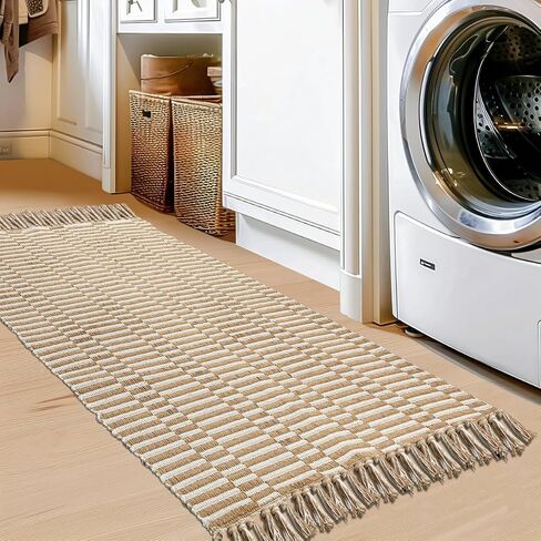 Hallway Runner Rug, 2' x 5' Soft Washable Tan Boho Carpet Runner Kitchen Indoor Hand-Woven Natural Cotton Striped Rug for Bedroom Bathroom Entryway Front Door Farmhouse Laundry Room in Saudi Arabia
