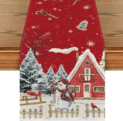 Artoid Mode Xmas Tree Snowman Birds Christmas Table Runner, Seasonal Winter Holiday Kitchen Dining Table Decoration for Home Party Decor 13x72 Inch in Saudi Arabia