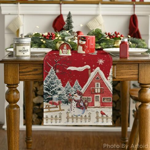 Artoid Mode Xmas Tree Snowman Birds Christmas Table Runner, Seasonal Winter Holiday Kitchen Dining Table Decoration for Home Party Decor 13x72 Inch in Saudi Arabia