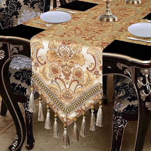 Grelucgo Large Luxury Thick Lined Damask Table Runners with Multi-Tassels (12x120 inch) in Saudi Arabia