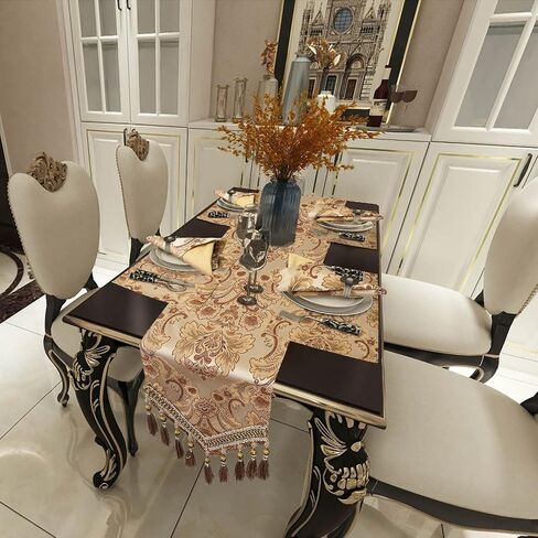 Grelucgo Large Luxury Thick Lined Damask Table Runners with Multi-Tassels (12x120 inch) in Saudi Arabia