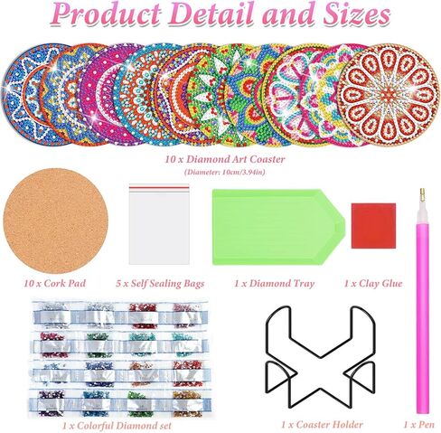 Billbotk Diamond Art Painting Coasters Kit, 10 Pieces Mandala Diamond Art Coasters with Holder, DIY Diamond Arts and Crafts for Adults in Kuwait