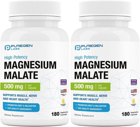 Puregen Labs Magnesium Malate 500mg | High Potency Elemental Magnesium | 180 Veggie Caps, Superior Absorption, Non-GMO, NO Gluten and Dairy, Supports Muscle, Joint, and Heart Health in Saudi Arabia