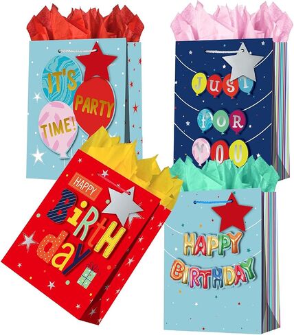 WLUSEAXI 4Pack Birthday Gift Bag with Tissue Paper,12.6×4.7×10.2 Inch Large Birthday Gift Bag with Handles,Happy Birthday Bags for Girls,Boys,Kids,Women’s Birthdays Party (B) in Kuwait