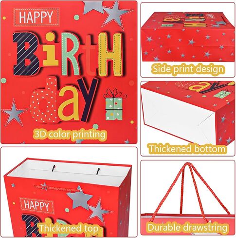 WLUSEAXI 4Pack Birthday Gift Bag with Tissue Paper,12.6×4.7×10.2 Inch Large Birthday Gift Bag with Handles,Happy Birthday Bags for Girls,Boys,Kids,Women’s Birthdays Party (B) in Kuwait