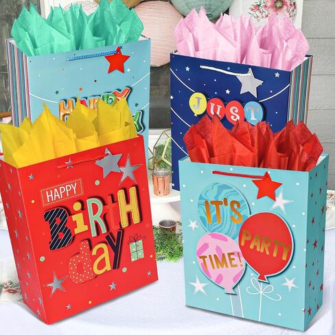 WLUSEAXI 4Pack Birthday Gift Bag with Tissue Paper,12.6×4.7×10.2 Inch Large Birthday Gift Bag with Handles,Happy Birthday Bags for Girls,Boys,Kids,Women’s Birthdays Party (B) in Kuwait