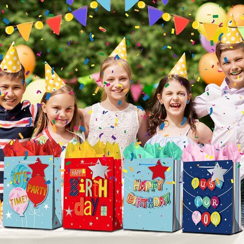 WLUSEAXI 4Pack Birthday Gift Bag with Tissue Paper,12.6×4.7×10.2 Inch Large Birthday Gift Bag with Handles,Happy Birthday Bags for Girls,Boys,Kids,Women’s Birthdays Party (B) in Kuwait